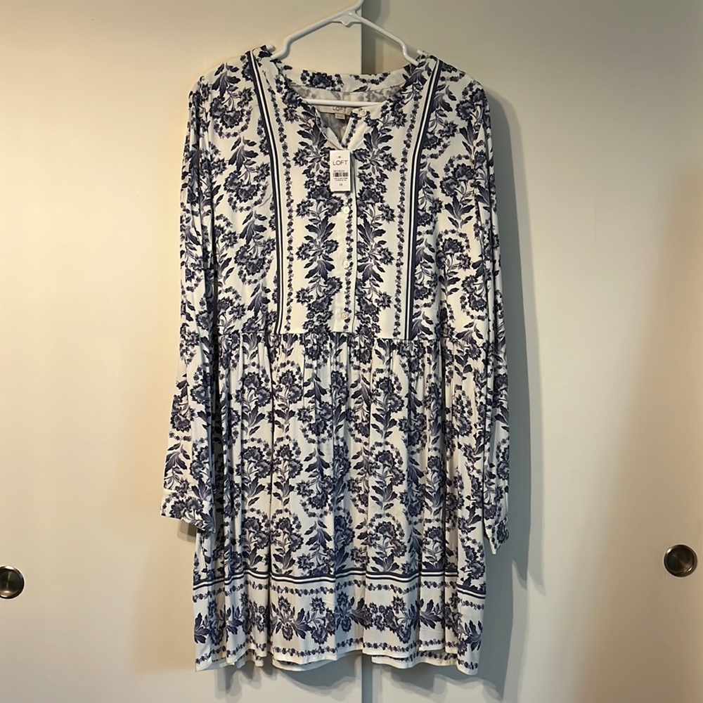 Loft Long sleeve blue and white floral dress